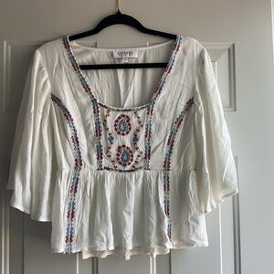 Shyanne White Peasant Top with Red and Blue Embroidery